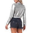 thumbnail image 3 of Allegra K Women's Bomber Jacket Cropped Faux Leather Jackets Casual Zip Up PU Moto Bike Outwear L Silver, 3 of 5