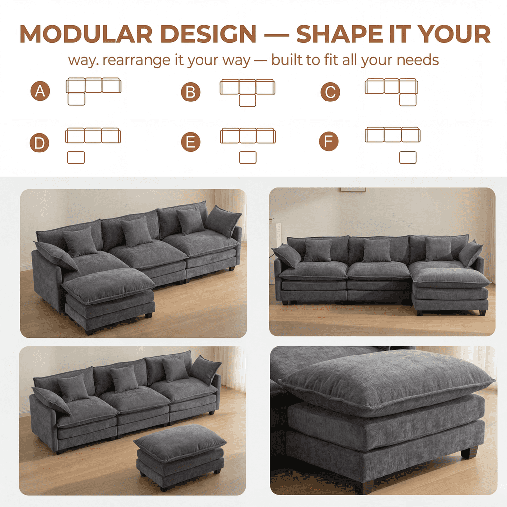Dioepic Cloud Chenille 3-Seat Living Room Sectional Sofa Modern Cloud Couch 111.4" with Ottoman & 3 Pillows, Grey