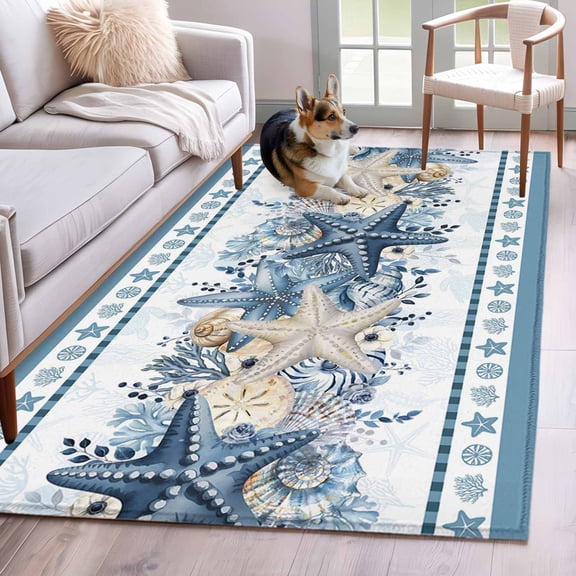 Blue Starfish Coastal Washable Area Rugs 3'x5', Ocean Beach Coral Nautical Botanical Low Pile Throw Living Room Rug Non-Slip Sturdy Edge Binding Carpet for Indoor Entryway Bedside Kitchen
