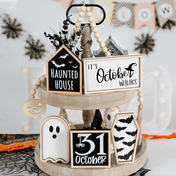 6PCS Halloween Tiered Tray Decor Wooden Halloween Decorations Tabletop Signs with Bead Garland, Spooky Table Centerpiece for Home Shelf Mantel Party