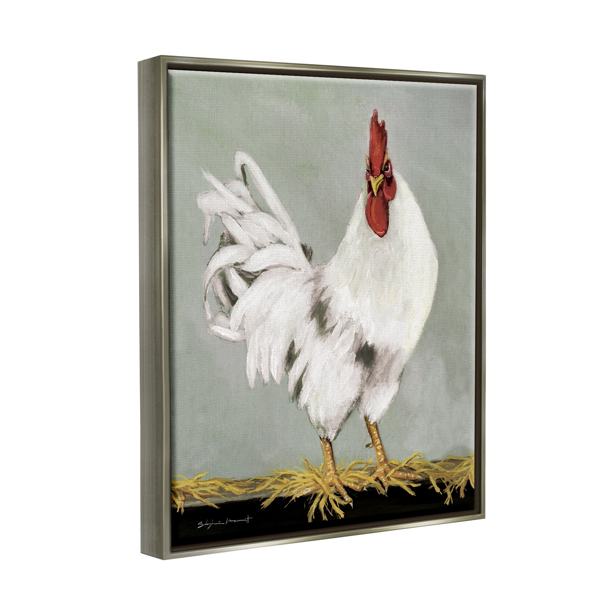 Stupell White Rooster Farmhouse Animal Animals & Insects Painting Gray Floater Framed Art Print Wall Art