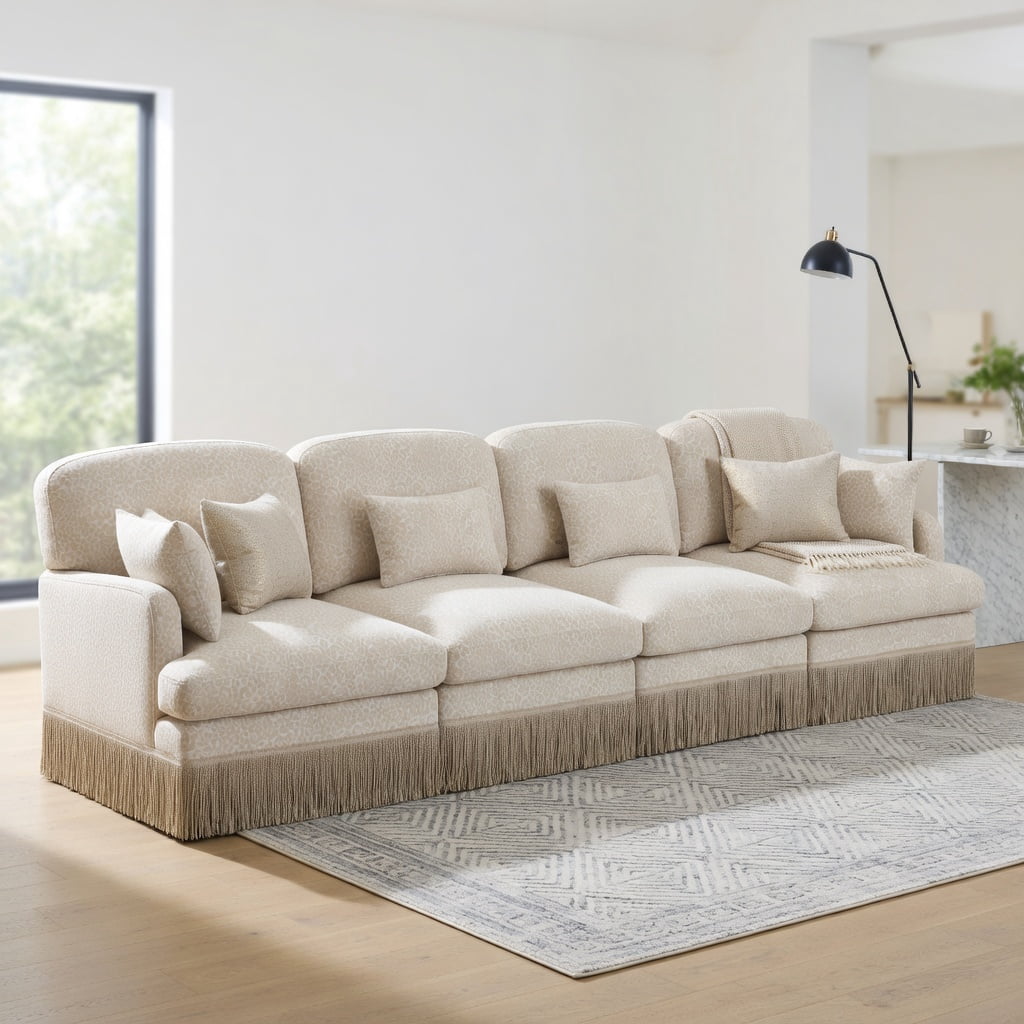 Hommoo 131" Modern Leopard Print Chenille 4-Seat Modular Sectional Sofa, Tassel Trim, Ergonomic Deep Seat Design, Easy Snap-Together Assembly for Living Room, Beige