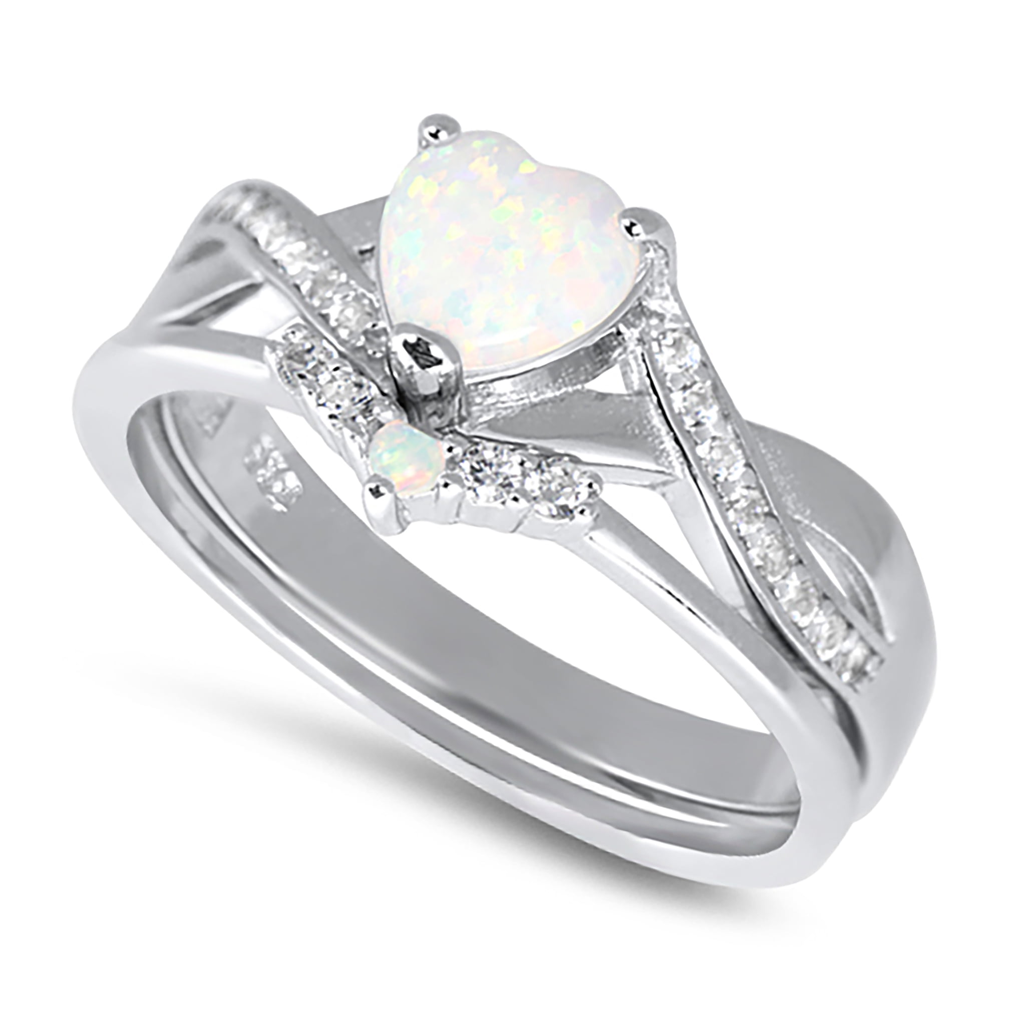 Sterling Silver White Opal Heart Cut Wedding & Engagement Ring Set for Women Size 5