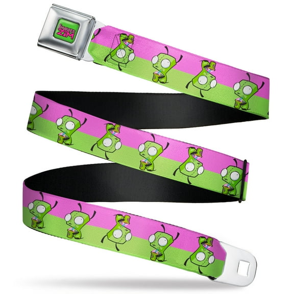 Nickelodeon Belt, Seatbelt Buckle Belt, Invader Zim GIR Drinking Pose Stripe Purple Green, 30 to 44 Inches