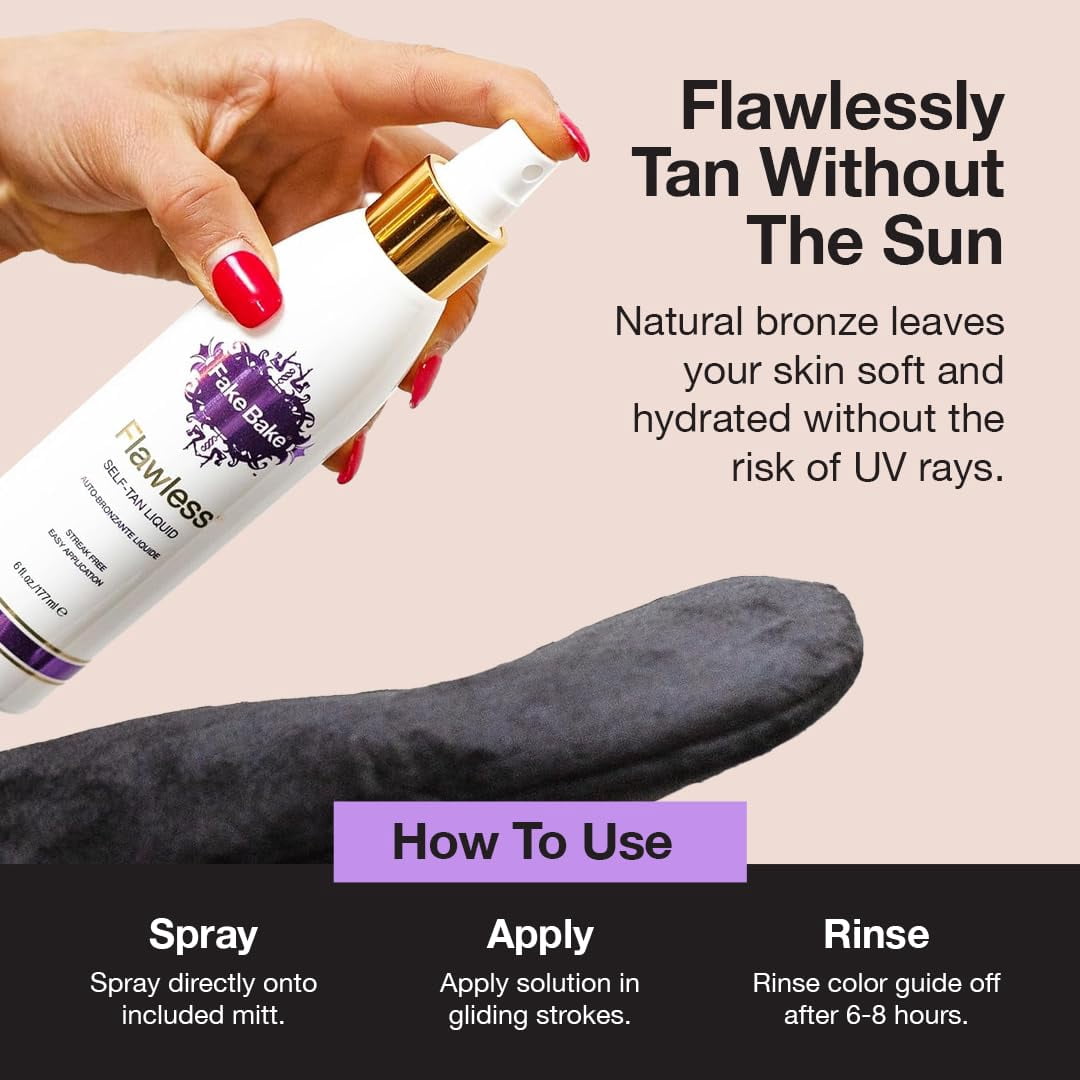 Fake Bake Flawless Self-Tanning Liquid, Long-Lasting Natural Glow for All Tones–Sunless Tanner Includes Mitt for Easy Application– 6 oz(Pack of 2)