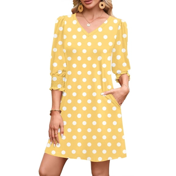 HAiming Polka Dot Dresses for Women Casual A Line 3/4 Sleeve V Neck Flowing Trendy Clothes with Pockets