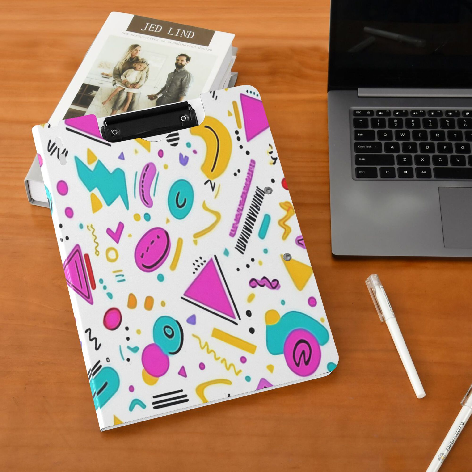 FORMRS A4 Clipboard Folder with Pen Holder Horizontal Foldable School Office Binder, Purple Abstract Shapes