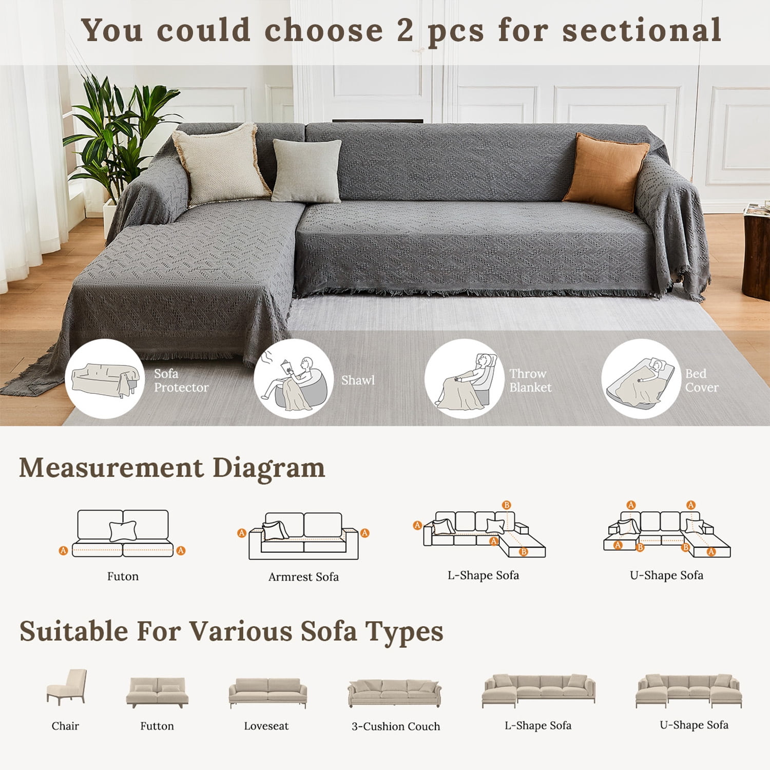 Sanmadrola Couch Cover Sofa Covers Couch Covers for Sectional Sofa Love Seat Couch Covers for 2 Cushion Couch Washable Slipcover for Dog Sofa Protector 71" X102 Gray 1 Piece
