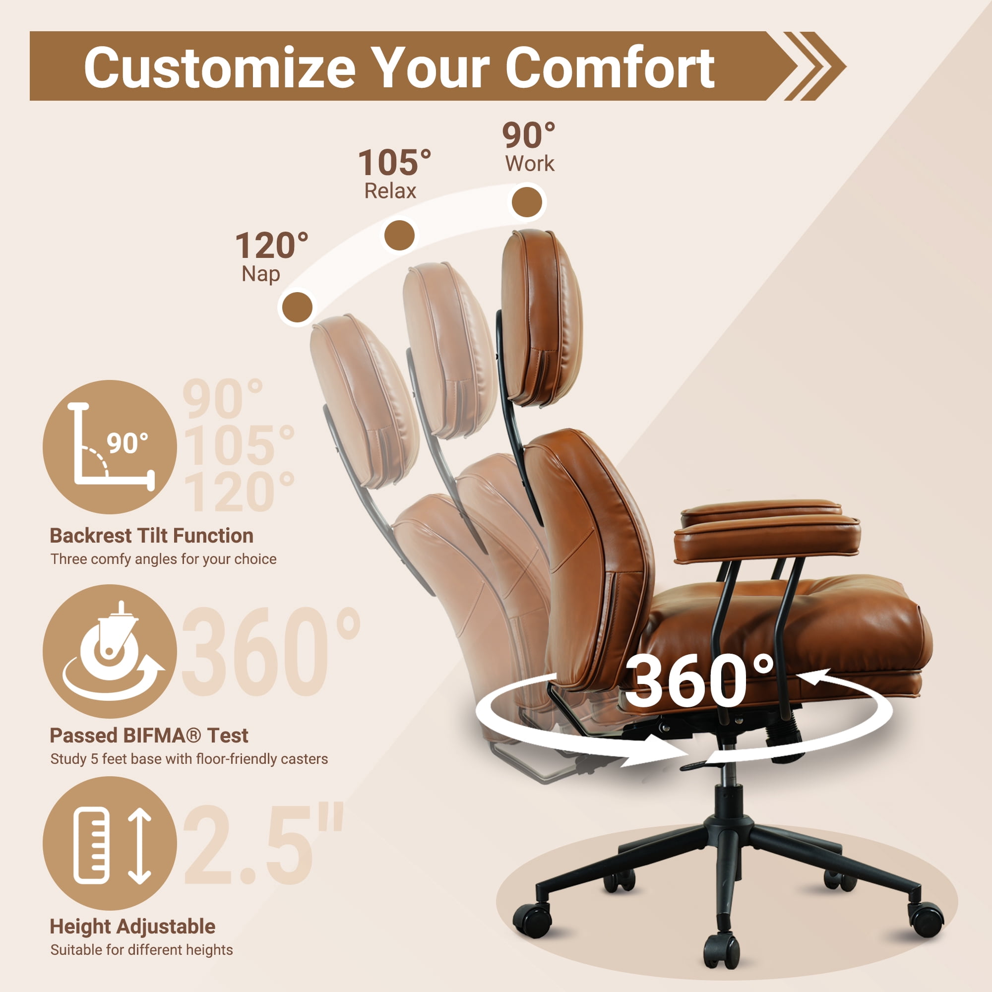 Vcatnet Ergonomic Executive Office Chair, High Back Computer Chair with Lumbar Support, PU Leather Mid-Century Modern Adjustable Home Office Desk Chair, Brown