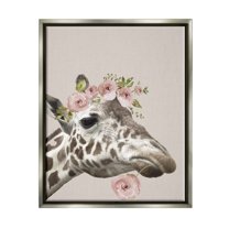 Stupell Industries Giraffe with Rose Crown Animals & Insects Painting Gray Floater Framed Canvas Art Print Wall Art, 17 x 21