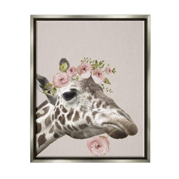 Stupell Industries Giraffe with Rose Crown Animals & Insects Painting Gray Floater Framed Canvas Art Print Wall Art, 17 x 21