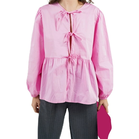 Argulvti Womens Tie Front Tops Long Sleeve Round Neck Hollow Out Loose Babydoll Shirts Polyester Blouses