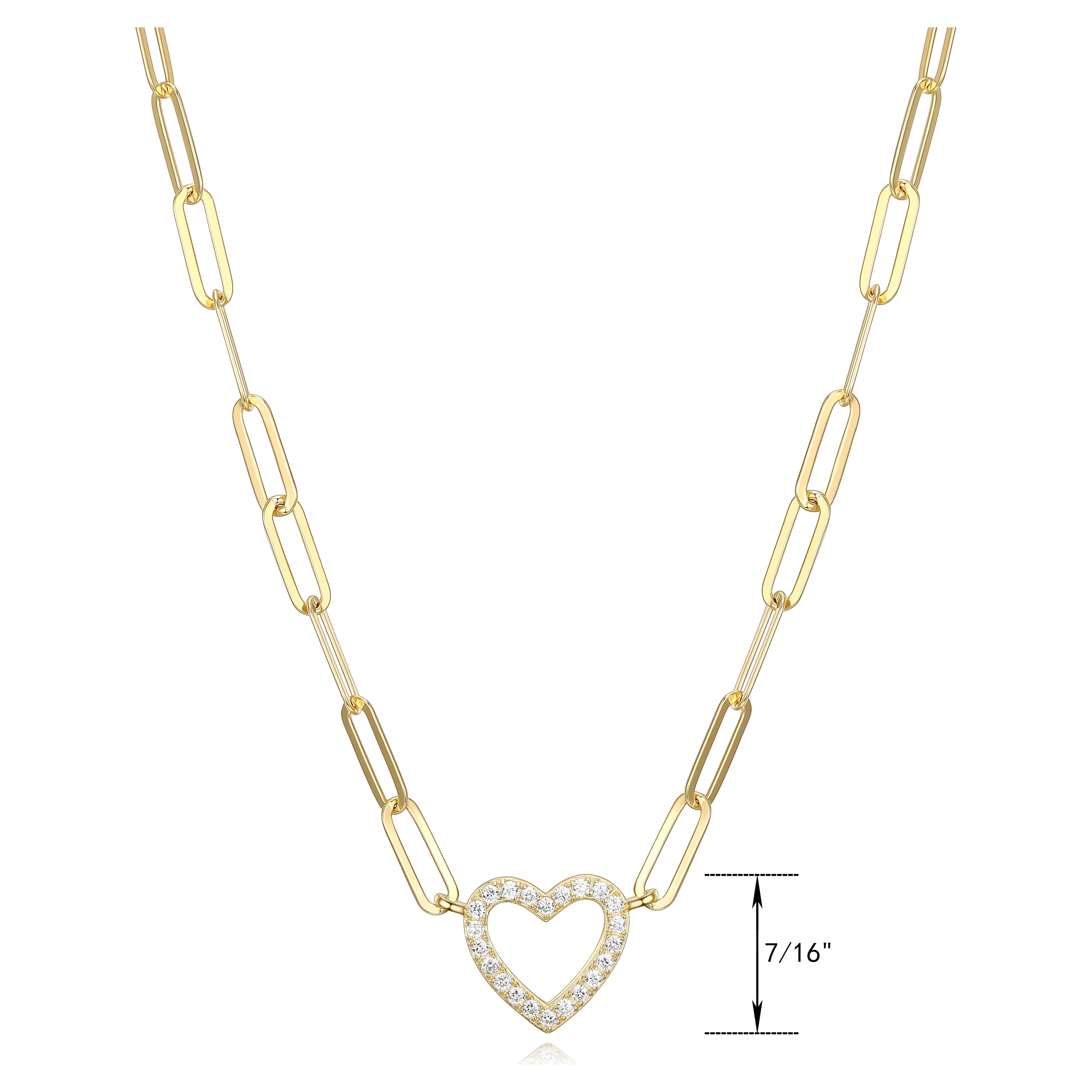 Forever Facets Heart Cubic Zirconia Paperclip 18” Necklace in 18k over Sterling Silver, Adult Female
