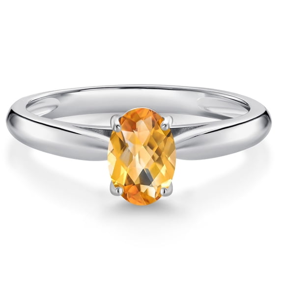 Gem Stone King 10K White Gold Yellow Citrine Solitaire Engagement Ring for Women (0.73 Cttw, Oval Checkerboard 7X5MM, Gemstone November Birthstone, Size 5)