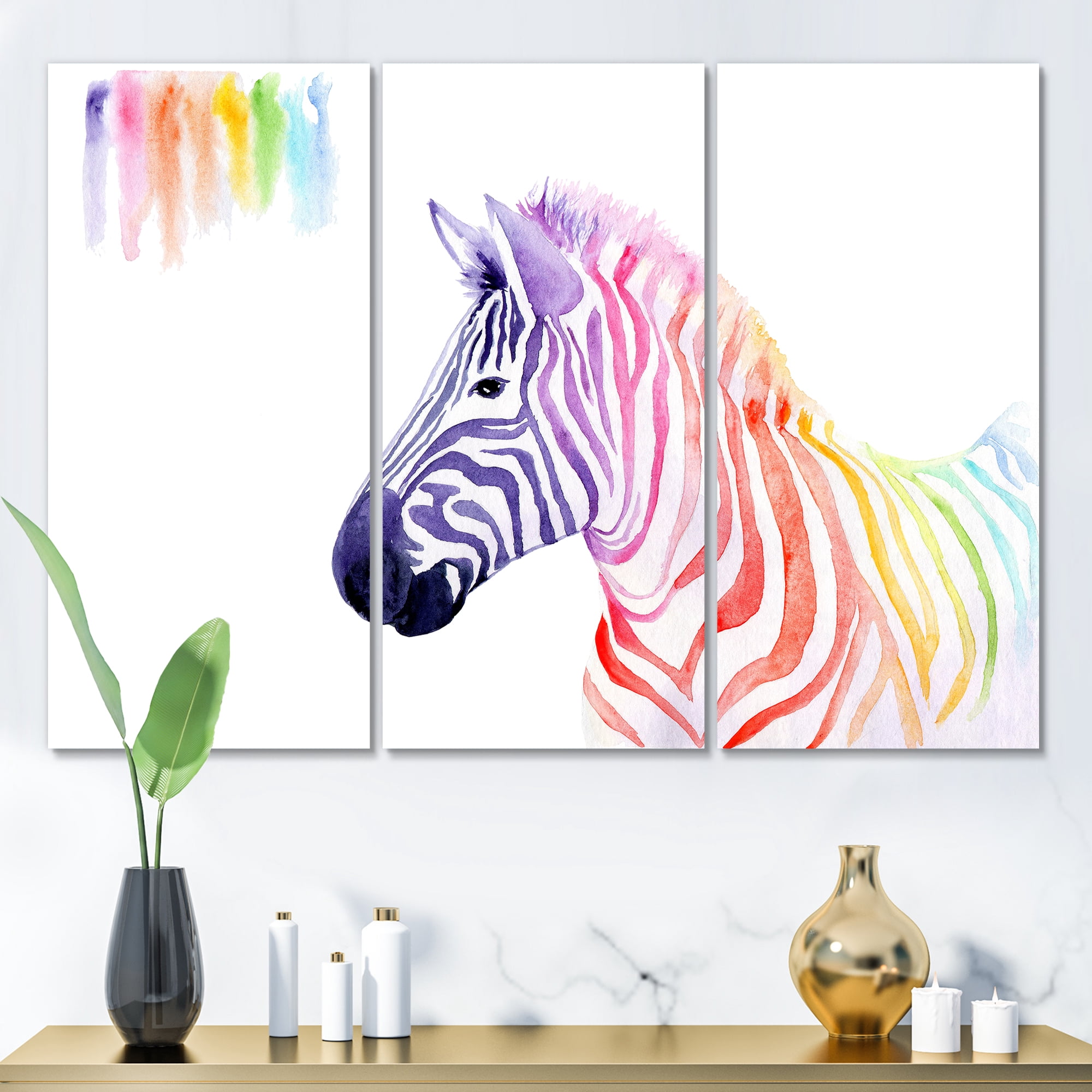 Designart ' Portrait of Rainbow Zebra On White ' Farmhouse Canvas Wall Art Print