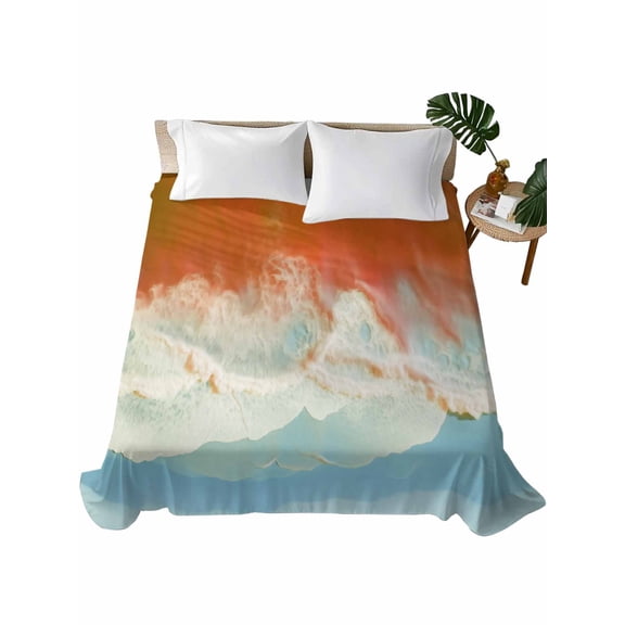 King Size Flat Sheet Only, Orange Coastal Soft Brushed Microfiber Bed Sheets, Summer Beach Seaside Ocean Nautical Hotel Quality Breathable Bedding Top Sheet, Easy Care, 105"x98"