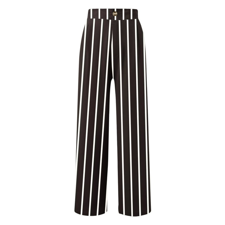 Stripe Pant for Women Business Casual Pants Button High Waist Dressy Wide Leg Trouser with Pockets