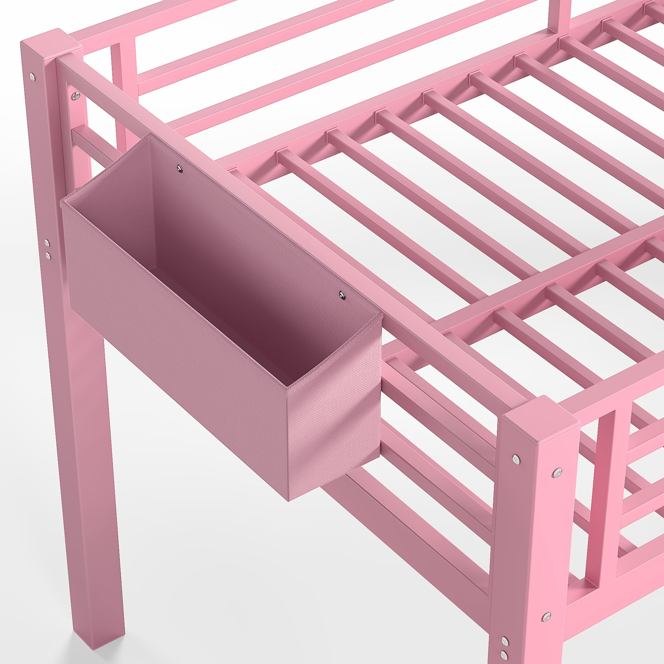 GDF Studio Twin Low Loft Bed with Storage Stairs, Fabric Drawers, Shelves & LED Lights, Pink