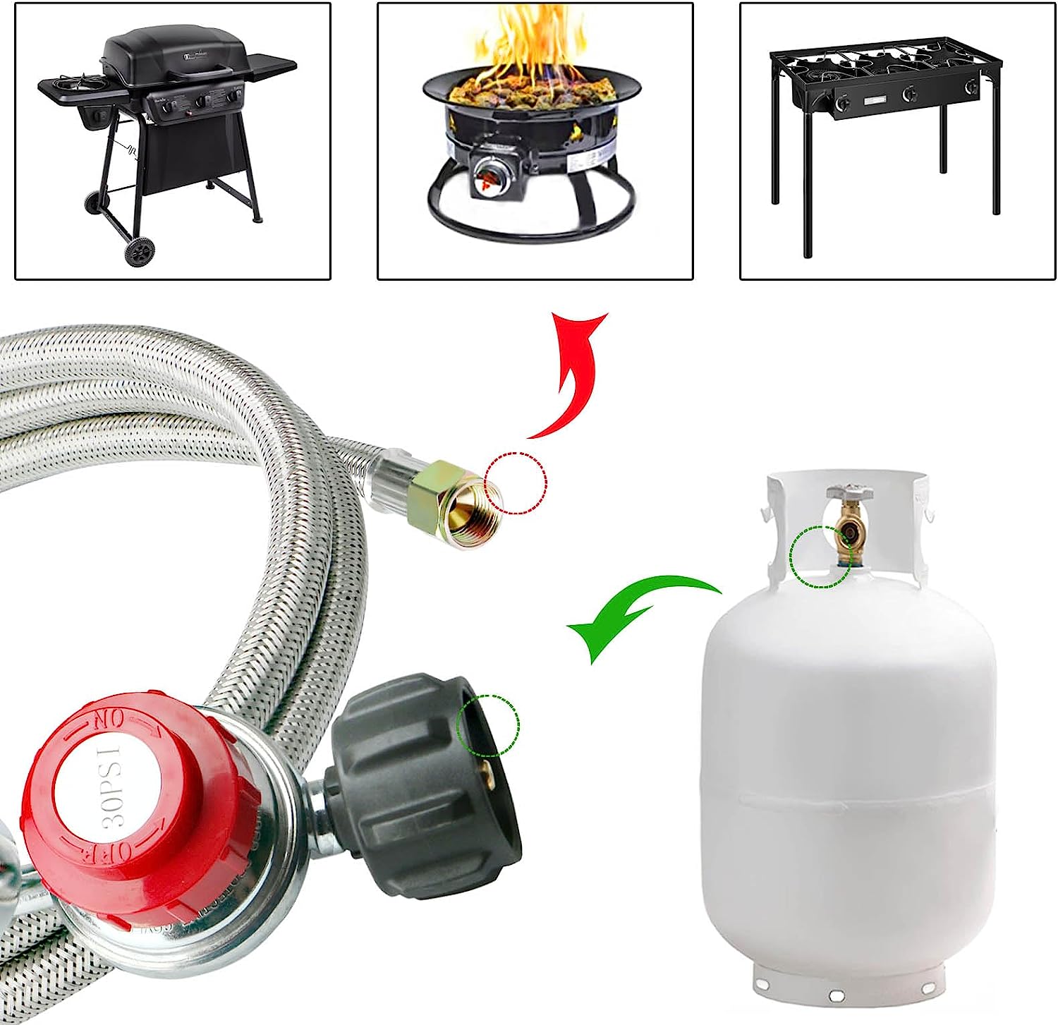 NQN 5FT 0-30 PSI Adjustable High Pressure Propane Regulator with Gauge 0~60PSI Gas Flow Indicator Stainless Propane QCC1 Hose with 3/8 Flare x 1/8 MNPT Fits for LP Gas Cooker, Burner, Turkey Fryer