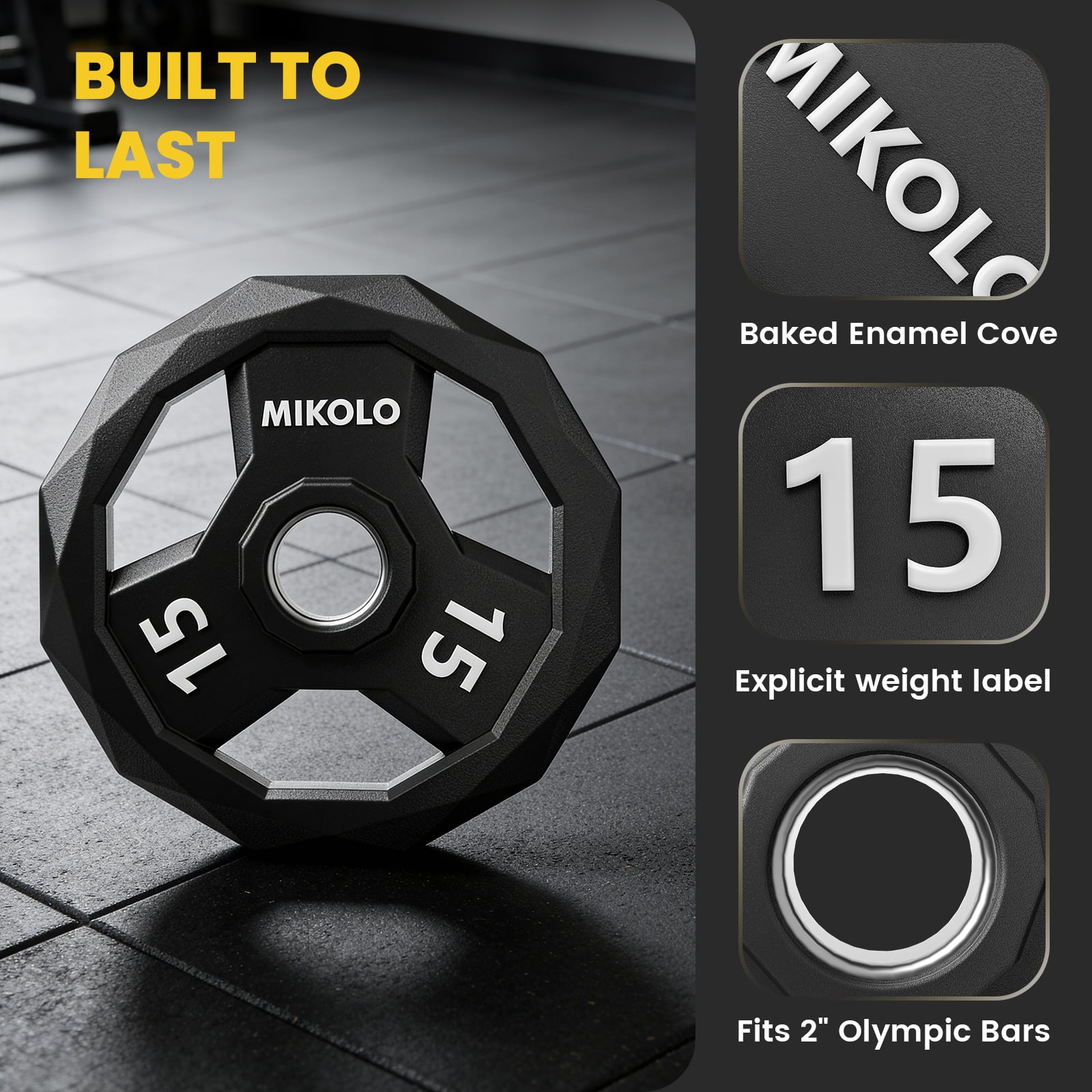MIKOLO Color Coded Weight Plate 2-Inch Rubber Coated Olympic Grip Plate for Barbell, Solid Cast Iron for Strength Training, Weightlifting, Crossfit, Home Gym, 20LB, 10LB Pair