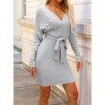 thumbnail image 6 of Women'S Long Sleeve Bodycon Sweater Dress V Neck Cable Knit Slit Midi Dresses with Belt Gray XL, 6 of 9