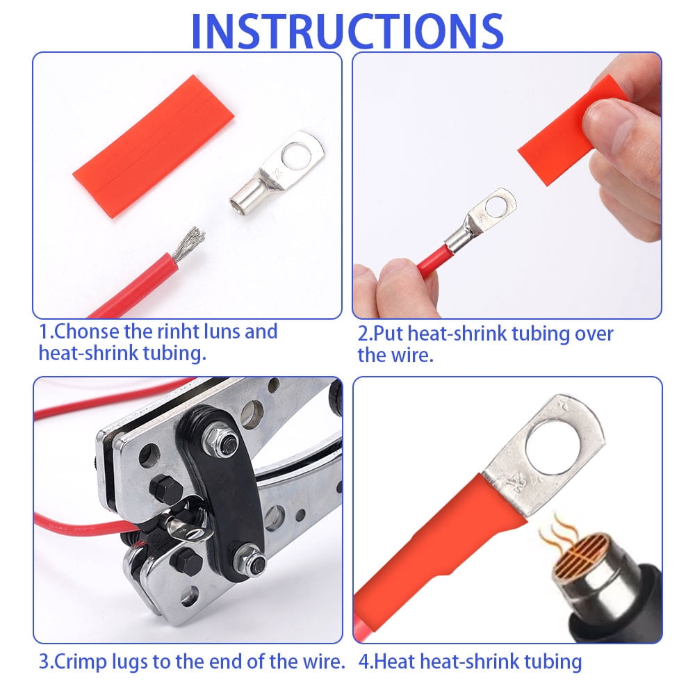 Hormy Battery Cable Lug Crimping Tool, 10-1/0AWG Crimping Tool with 60PCS Copper Ring Terminals 80 PCS Heat Shrink Tubing for Heavy Duty Wire Lugs