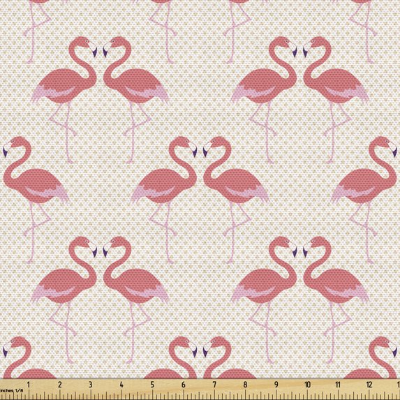 Flamingo Fabric by the Yard, Retro Style Little Polka Dots Flamingo Couples Tropic Accents, Decorative Upholstery Fabric for Sofas and Home Accents, 10 Yards, Beige Dark Coral Purple by Ambesonne