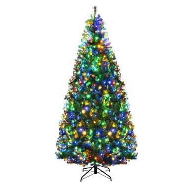 Gymax 7FT Pre-Lit Christmas Tree Hinged Artificial Tree w/ Metal Stand LED Lights