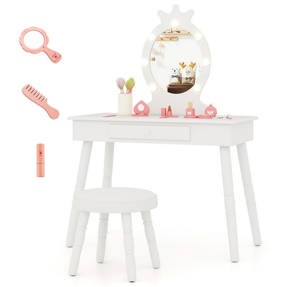 Infans Kids Vanity Set Princess Vanity Table & Chair Set with Lighted Mirror
