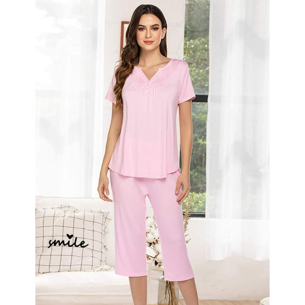 HTAIGUO Women's Pajama Set Short Sleeve Sleepwear Pjs Set for Women Capri  Pajama Sets Nightwear Button Sleepwear Set 