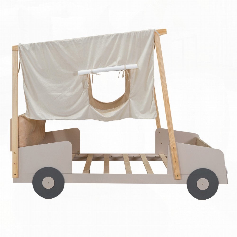 Natural Wood Full Size Car Bed featuring Playful Design & Comfortable Pillow