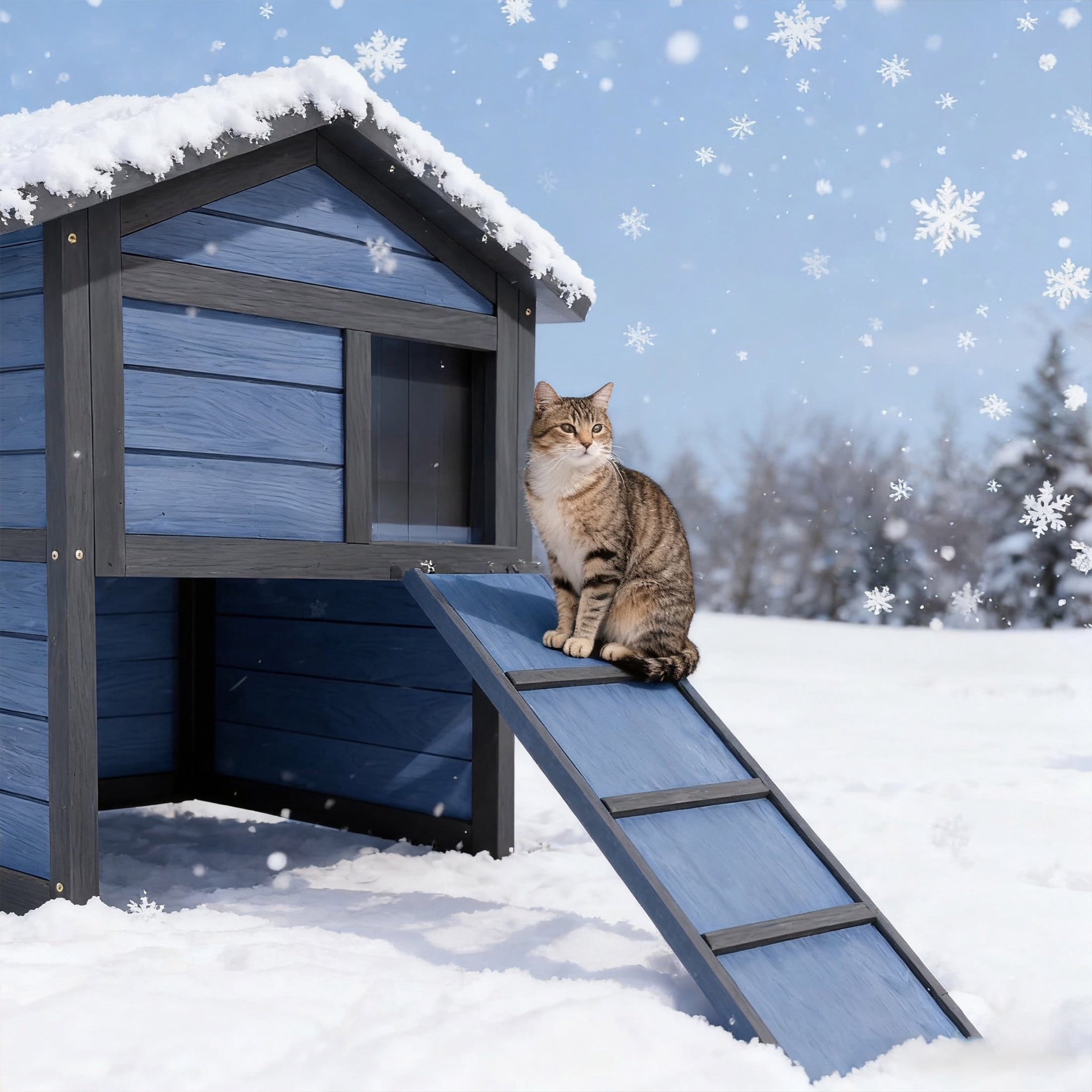 Insulate Cat House with Escape Doors,Outdoor Cat Shelter for Winter,All Weather 2 Story Cat House for Multiple Cat with Openable Roof,Blue