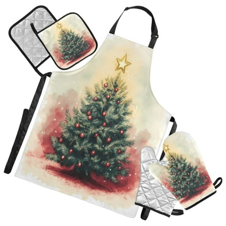 

5 Pcs Kitchen Set Heat Resistant Oven Mitts and Non-Slip Pot Holders with Adjustable Cooking Apron Retro Watercolor Christmas Tree