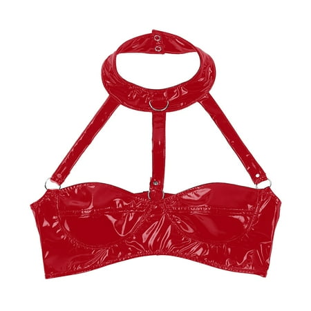 RUTAYY Women High Gloss Leather Halter Neck Bra Leather Bra Adjustable Strap Underwear Lingerie Home Intimates Breathable