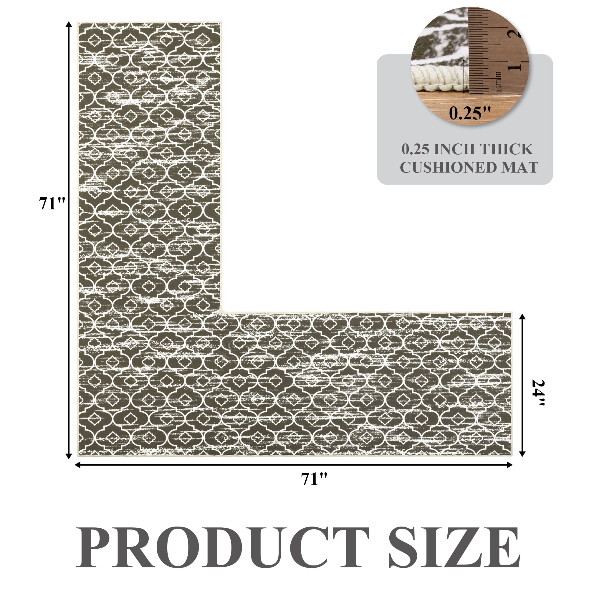 MeyJey Corner Kitchen Rug, 1 Piece Anti-Slip L Shape Kitchen Mat for Floor, Absorbent Runner in Front of Sink, Washable Floor Rugs for Home,Kitchen(Brown-L,24”x 71”x 71”)