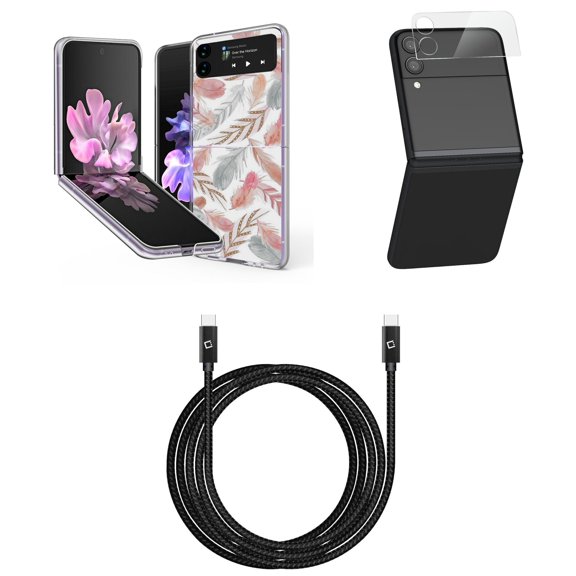 Bemz Premium Bundle for Samsung Galaxy Z Flip 3 5G: Slim Snap-On Protector Case (Pink Grey Feathers), Rear Camera Glass Protector, Nylon Braided USB-C to USB-C Cable (4 Feet)