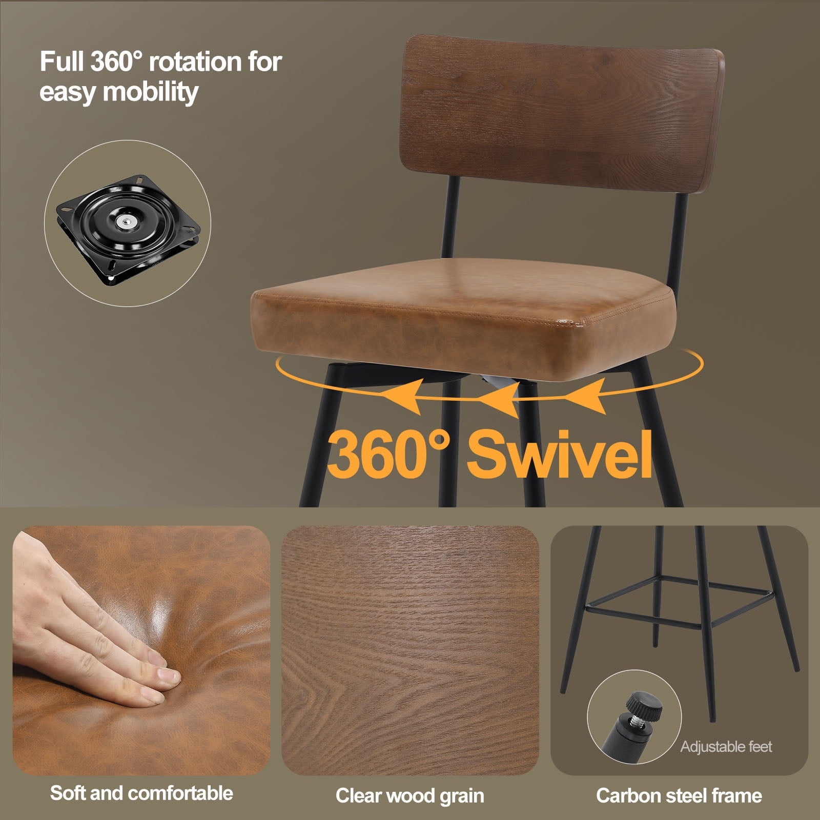 ANMINY Swivel Bar Stools Set of 2, 29" Seat Height, Upholstered Faux Leather Counter Barstools with Wood Backs and Metal Legs, Counter Height Bar Stool for Kitchen Island