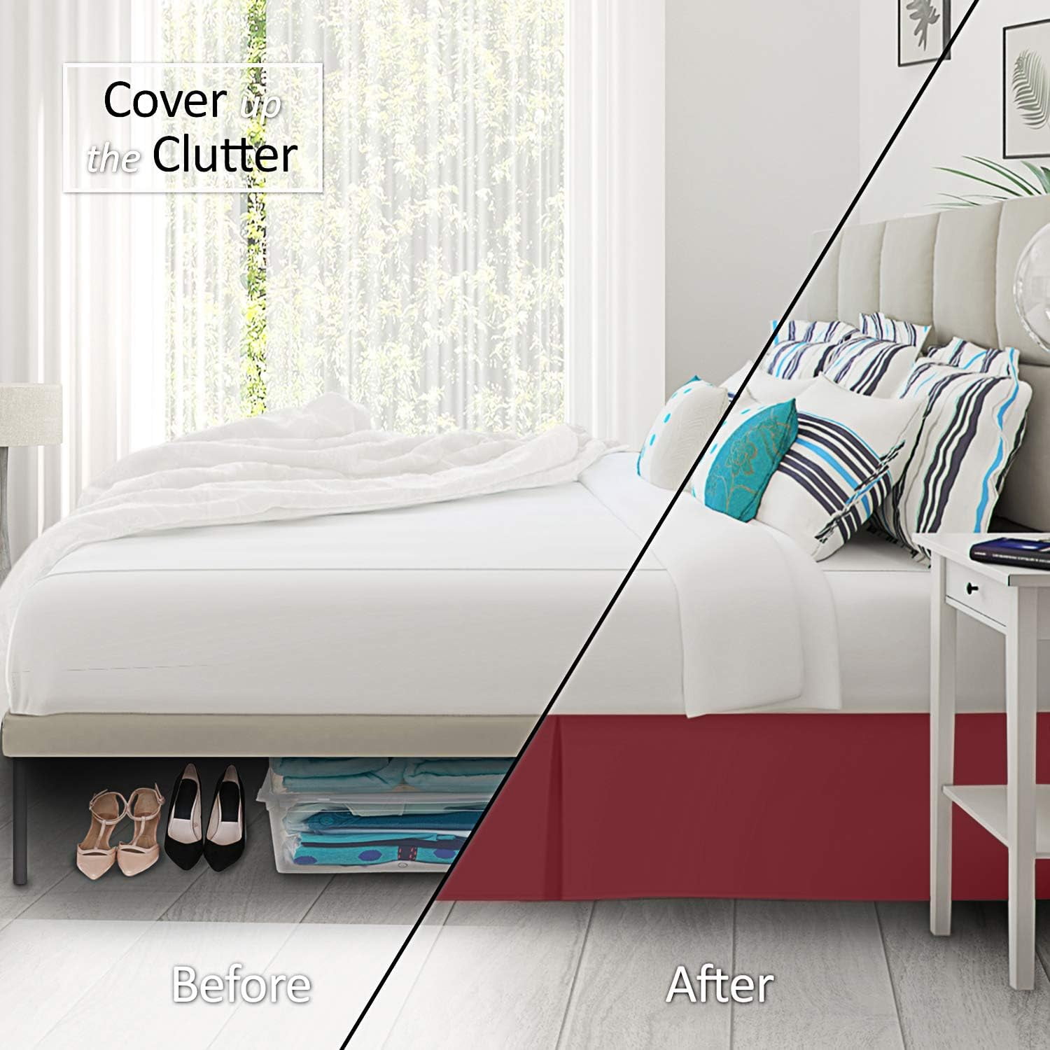California King Size Pleated Bed Skirt, Burgundy, 10 Inch Drop, 120 GSM Microfiber, Wrinkle-Free, Fade Resistant, Easy Fit Box Spring Cover