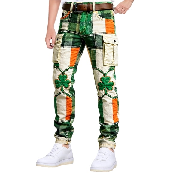CONZONE St. Patrick's Day Mens Baggy Cargo Shorts Green Clover Graphic Buttons Cargo Pants for Men Lightweight Relaxed Fit Streetwear Workout Trousers With Pockets