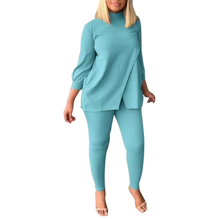 JDEFEG Work Skirt Suits Wome Solid Suit Irregular Splicing High Neck Shirt  Top Tight Pencil Pants Casual Pants Suits Swim Suit Cover Ups Pants Women  Polyester Light Blue Xl 