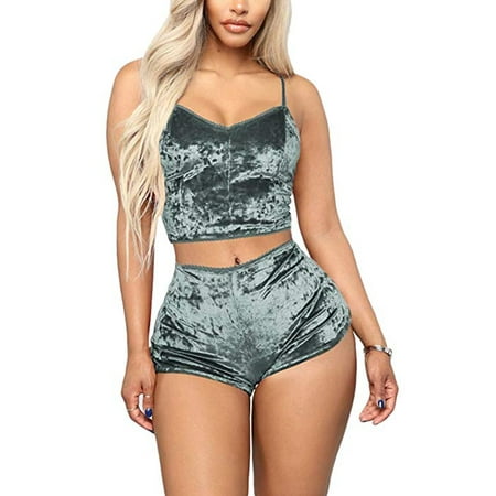

wsevypo Women 2pcs Velvet Pajamas Crop Tops Short Lingerie Underwear Set