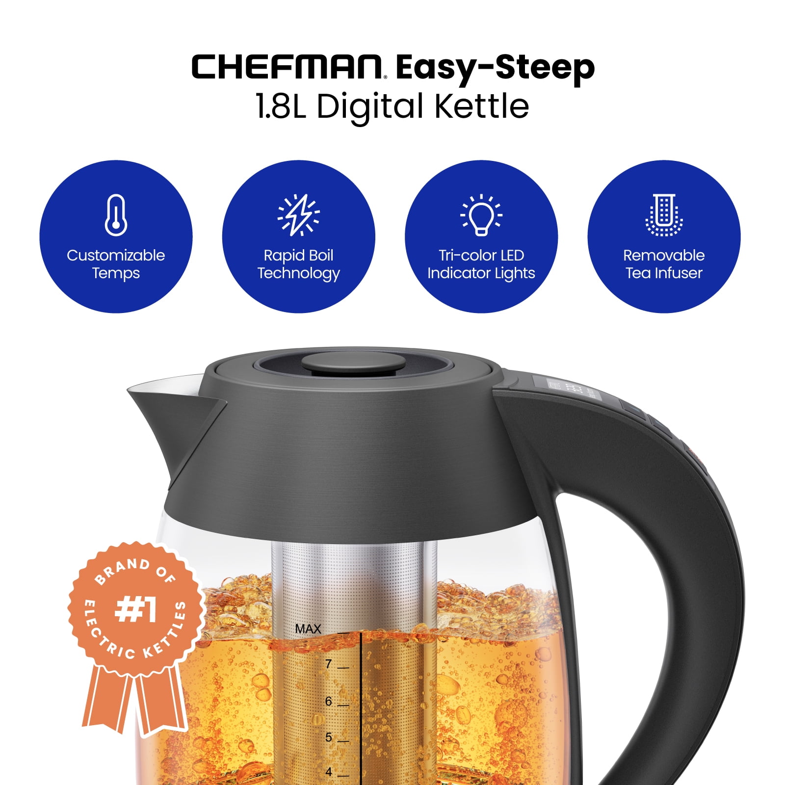 Chefman 1.8L Digital Rapid-Boil Glass Kettle w/ 7 Temperature Presets and Tea Infuser - Stainless Steel, New