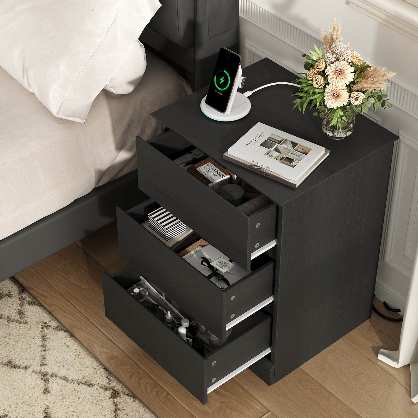3 Drawers Nightstand Set of 2 with Charging Station, Bedside Table End Table for Bedroom Living Room, Black