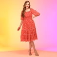 thumbnail image 5 of Globus Women Red Floral Printed Puff Sleeve Chiffon Fit & Flare Midi Dress, 5 of 5