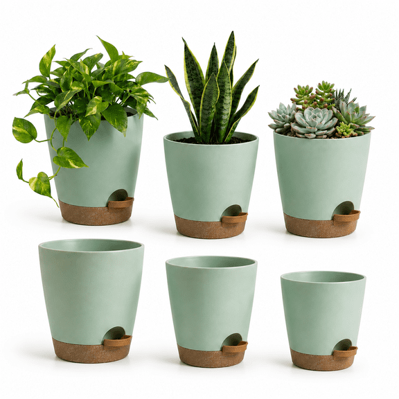 Efoee 6 Pack Self Watering Planters,Large Flower Pot Plant Indoor Outdoor with Drainage Holes&Saucers,5,5.5,6,6.5,7,8 inch,Green