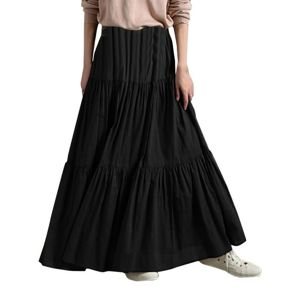 Maxi Skirts for Women Spring Summer Casual High Waist Solid Color Pleated Loose Swing Long Skirt Black XXXL