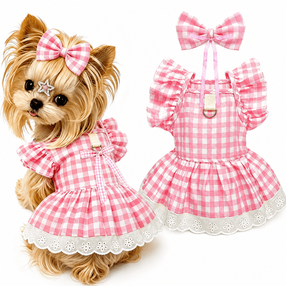 ELORIAH Cute Plaid Small Dog Cat Harness Dress Outfits with Bow & Leash D-Ring,Soft Breathable Summer Ruffle Puppy Clothes Girl,3-Way Styling Female Dog Clothes for Chihuahua (Pink Plaid, X-Small)