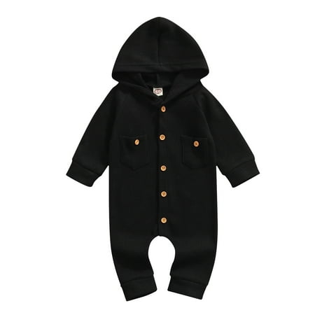 

Frobukio Newborn Infant Baby Boys Girl Jumpsuit Knitted Romper Long Sleeve Hooded Warm Autumn Spring Clothes Black 12-18 Months