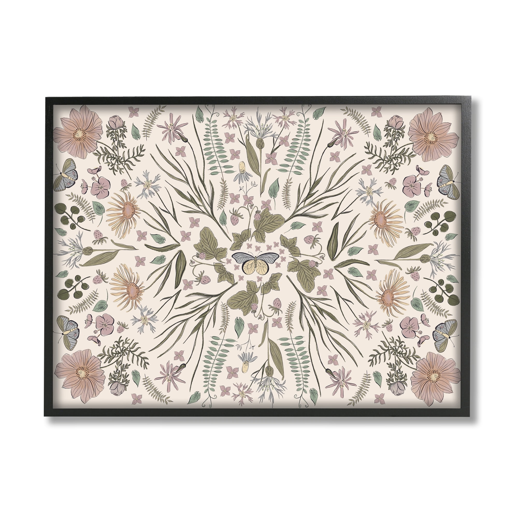 Stupell Industries Delicate Botanical Pattern Intricate Butterfly Insects Motif Graphic Art Gray Framed Art Print Wall Art, Design by Birgit Maria Kiennast