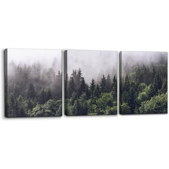 Canvas Wall Art Fog Over Pine Tree Forest Nature Wilderness Photography Modern Art Rustic Landscape Relax/Calm Cool for Wall Decor Giclee Artwork Stretch Framed Ready to Hang - 12"x16"x3